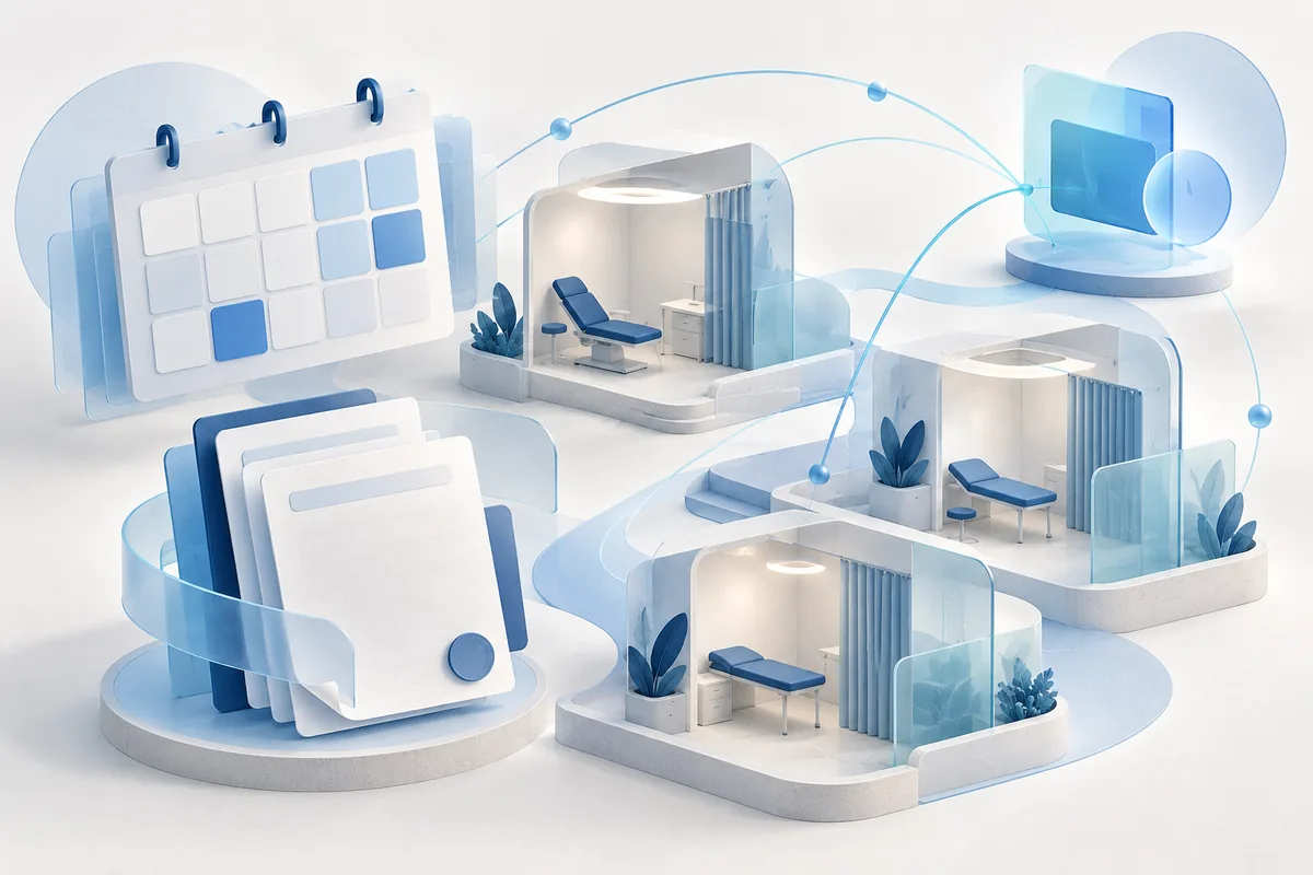 Conceptual illustration of connected clinic rooms and scheduling