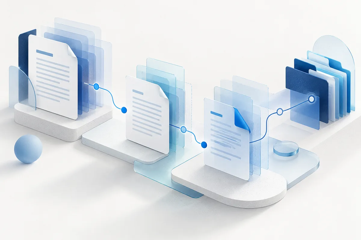 Conceptual illustration of controlled documents moving through an organised workflow